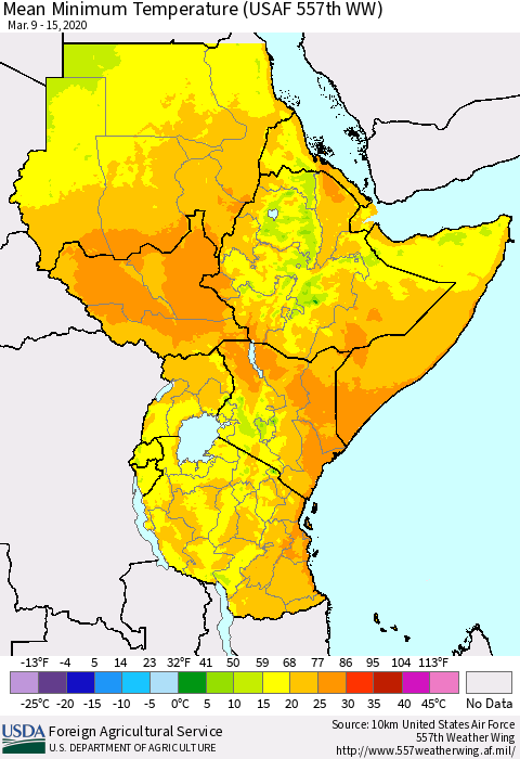 Eastern Africa Mean Minimum Temperature (USAF 557th WW) Thematic Map For 3/9/2020 - 3/15/2020