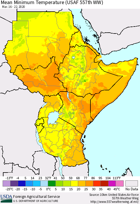 Eastern Africa Mean Minimum Temperature (USAF 557th WW) Thematic Map For 3/16/2020 - 3/22/2020