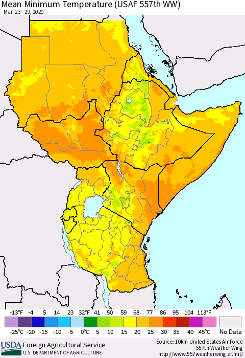 Eastern Africa Mean Minimum Temperature (USAF 557th WW) Thematic Map For 3/23/2020 - 3/29/2020