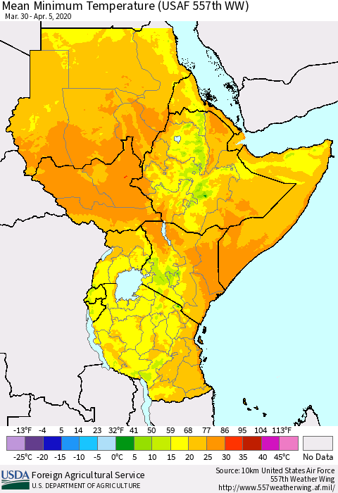 Eastern Africa Mean Minimum Temperature (USAF 557th WW) Thematic Map For 3/30/2020 - 4/5/2020