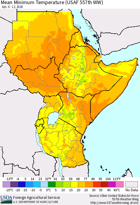 Eastern Africa Mean Minimum Temperature (USAF 557th WW) Thematic Map For 4/6/2020 - 4/12/2020