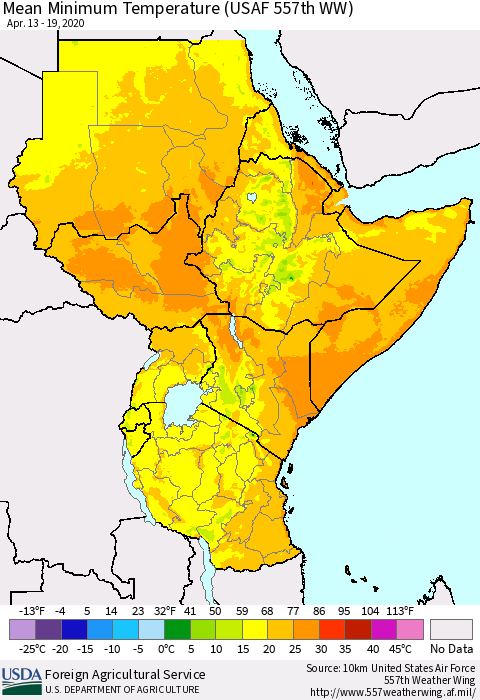 Eastern Africa Mean Minimum Temperature (USAF 557th WW) Thematic Map For 4/13/2020 - 4/19/2020