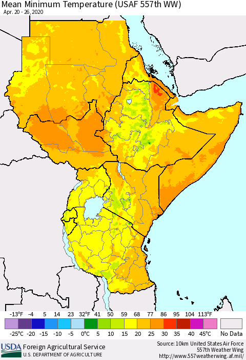 Eastern Africa Mean Minimum Temperature (USAF 557th WW) Thematic Map For 4/20/2020 - 4/26/2020