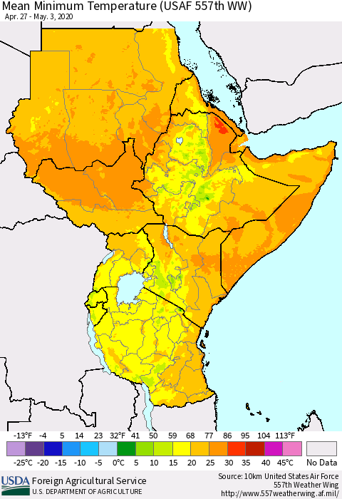Eastern Africa Mean Minimum Temperature (USAF 557th WW) Thematic Map For 4/27/2020 - 5/3/2020