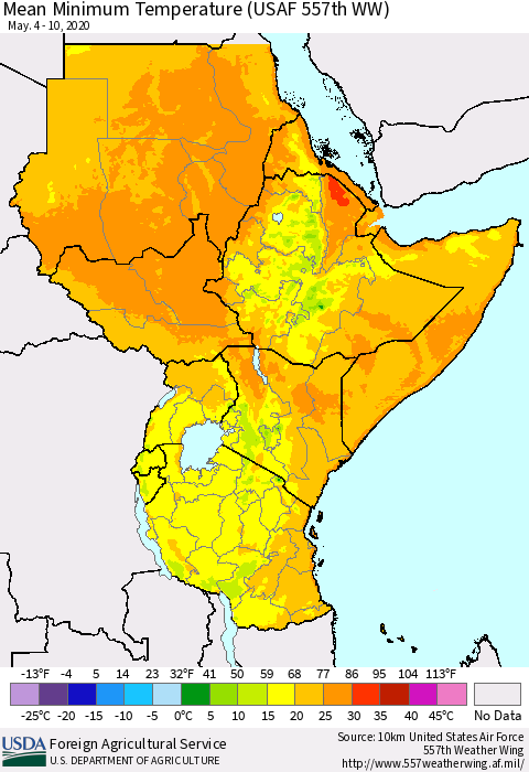 Eastern Africa Mean Minimum Temperature (USAF 557th WW) Thematic Map For 5/4/2020 - 5/10/2020