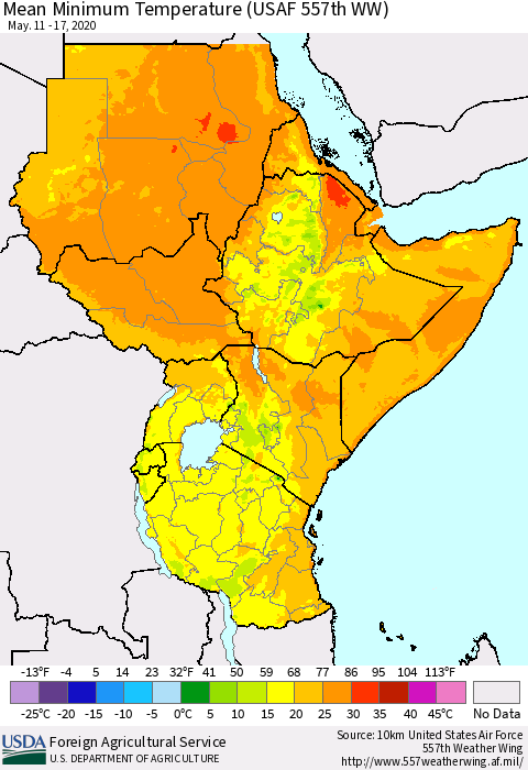 Eastern Africa Mean Minimum Temperature (USAF 557th WW) Thematic Map For 5/11/2020 - 5/17/2020