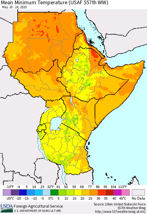 Eastern Africa Mean Minimum Temperature (USAF 557th WW) Thematic Map For 5/18/2020 - 5/24/2020