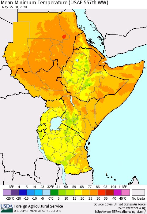 Eastern Africa Mean Minimum Temperature (USAF 557th WW) Thematic Map For 5/25/2020 - 5/31/2020