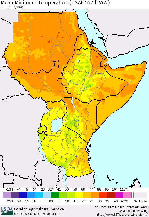 Eastern Africa Mean Minimum Temperature (USAF 557th WW) Thematic Map For 6/1/2020 - 6/7/2020