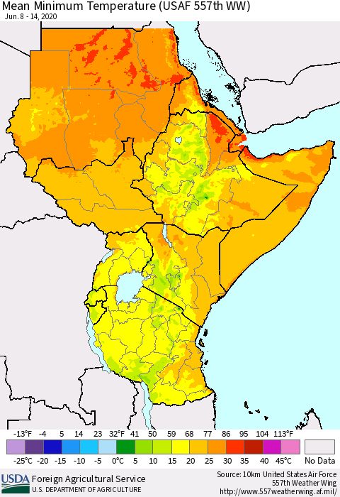 Eastern Africa Mean Minimum Temperature (USAF 557th WW) Thematic Map For 6/8/2020 - 6/14/2020