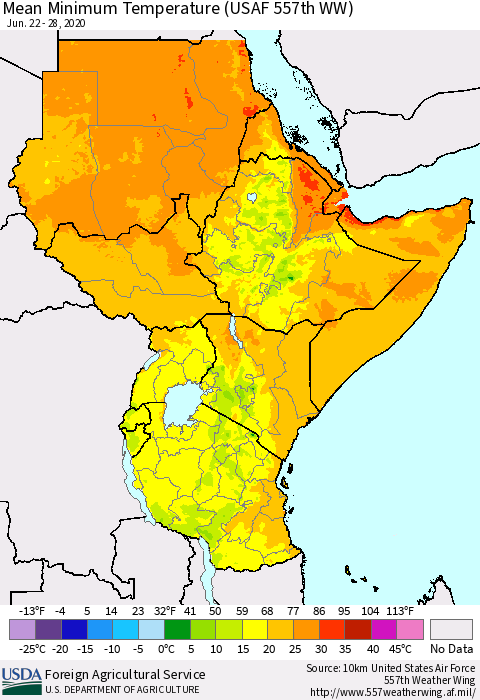 Eastern Africa Mean Minimum Temperature (USAF 557th WW) Thematic Map For 6/22/2020 - 6/28/2020