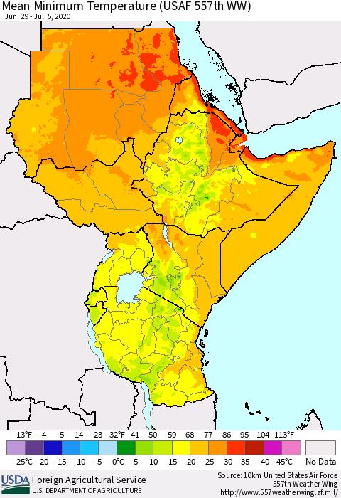 Eastern Africa Mean Minimum Temperature (USAF 557th WW) Thematic Map For 6/29/2020 - 7/5/2020