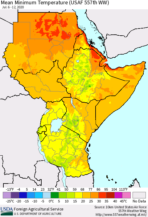 Eastern Africa Mean Minimum Temperature (USAF 557th WW) Thematic Map For 7/6/2020 - 7/12/2020