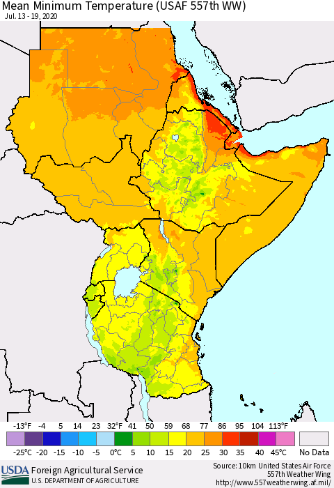 Eastern Africa Mean Minimum Temperature (USAF 557th WW) Thematic Map For 7/13/2020 - 7/19/2020