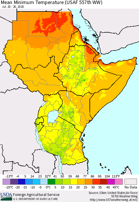 Eastern Africa Mean Minimum Temperature (USAF 557th WW) Thematic Map For 7/20/2020 - 7/26/2020