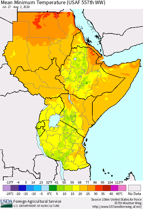 Eastern Africa Mean Minimum Temperature (USAF 557th WW) Thematic Map For 7/27/2020 - 8/2/2020