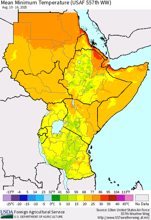 Eastern Africa Mean Minimum Temperature (USAF 557th WW) Thematic Map For 8/10/2020 - 8/16/2020