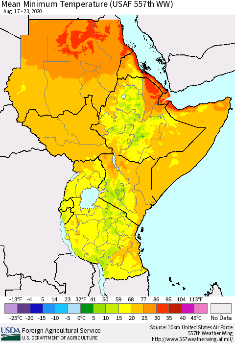 Eastern Africa Mean Minimum Temperature (USAF 557th WW) Thematic Map For 8/17/2020 - 8/23/2020