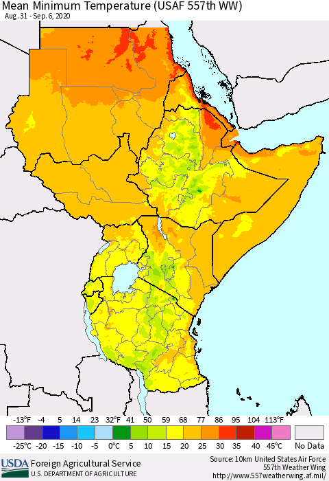 Eastern Africa Mean Minimum Temperature (USAF 557th WW) Thematic Map For 8/31/2020 - 9/6/2020