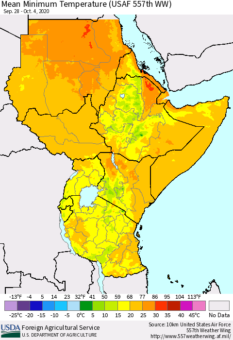 Eastern Africa Mean Minimum Temperature (USAF 557th WW) Thematic Map For 9/28/2020 - 10/4/2020