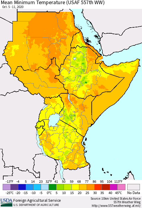 Eastern Africa Minimum Temperature (USAF 557th WW) Thematic Map For 10/5/2020 - 10/11/2020