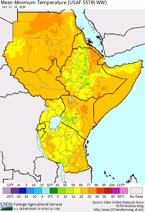 Eastern Africa Mean Minimum Temperature (USAF 557th WW) Thematic Map For 10/12/2020 - 10/18/2020