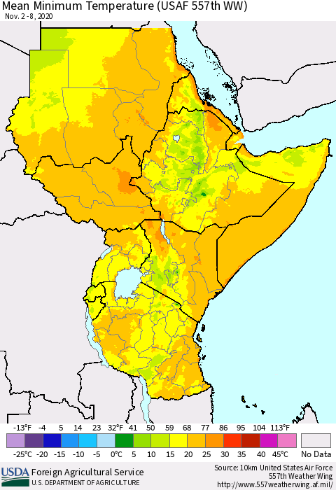 Eastern Africa Minimum Temperature (USAF 557th WW) Thematic Map For 11/2/2020 - 11/8/2020