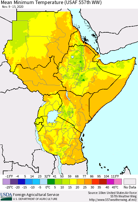 Eastern Africa Minimum Temperature (USAF 557th WW) Thematic Map For 11/9/2020 - 11/15/2020