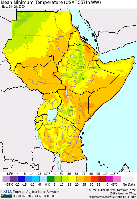 Eastern Africa Minimum Temperature (USAF 557th WW) Thematic Map For 11/23/2020 - 11/29/2020