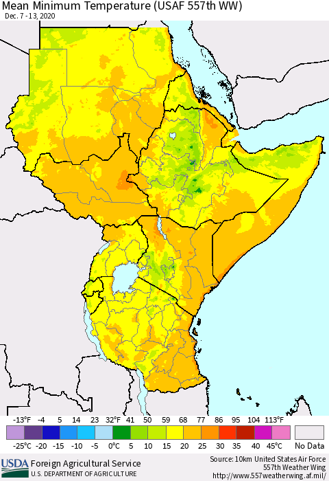 Eastern Africa Minimum Temperature (USAF 557th WW) Thematic Map For 12/7/2020 - 12/13/2020