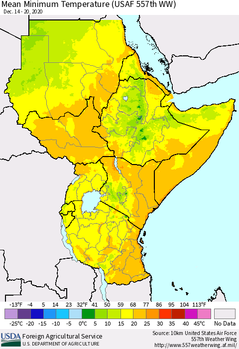 Eastern Africa Minimum Temperature (USAF 557th WW) Thematic Map For 12/14/2020 - 12/20/2020