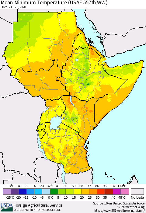 Eastern Africa Minimum Temperature (USAF 557th WW) Thematic Map For 12/21/2020 - 12/27/2020