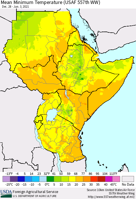 Eastern Africa Minimum Temperature (USAF 557th WW) Thematic Map For 12/28/2020 - 1/3/2021