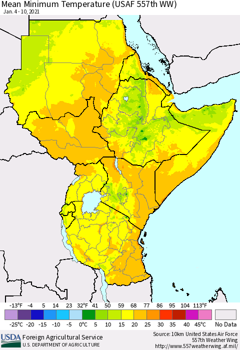 Eastern Africa Minimum Temperature (USAF 557th WW) Thematic Map For 1/4/2021 - 1/10/2021