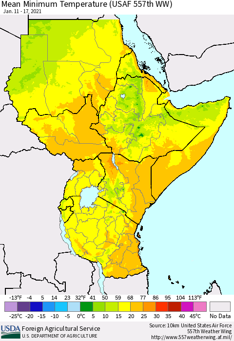 Eastern Africa Mean Minimum Temperature (USAF 557th WW) Thematic Map For 1/11/2021 - 1/17/2021