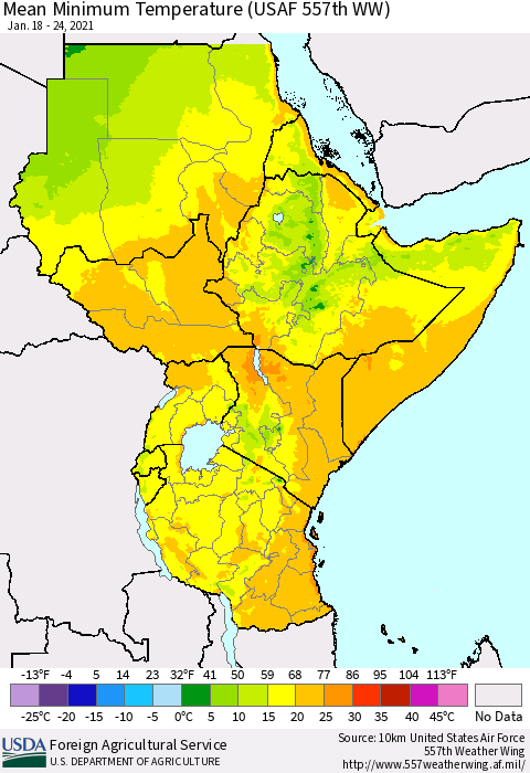 Eastern Africa Minimum Temperature (USAF 557th WW) Thematic Map For 1/18/2021 - 1/24/2021