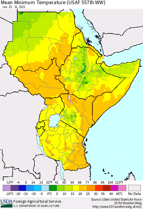 Eastern Africa Mean Minimum Temperature (USAF 557th WW) Thematic Map For 1/25/2021 - 1/31/2021
