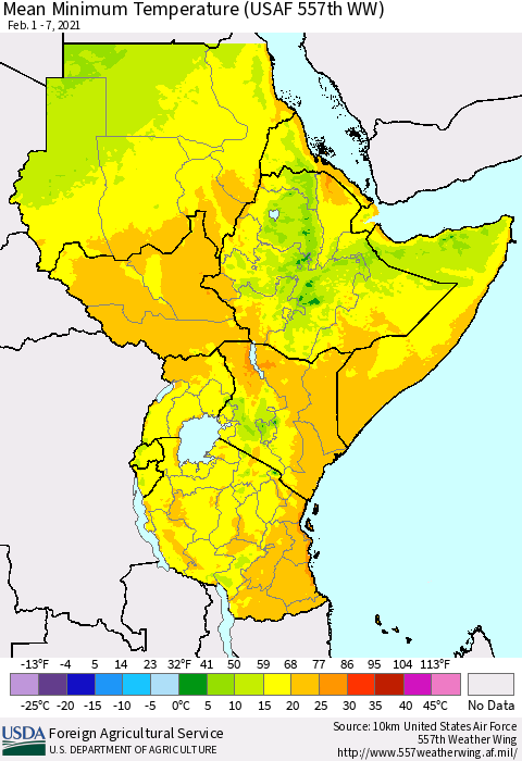 Eastern Africa Mean Minimum Temperature (USAF 557th WW) Thematic Map For 2/1/2021 - 2/7/2021