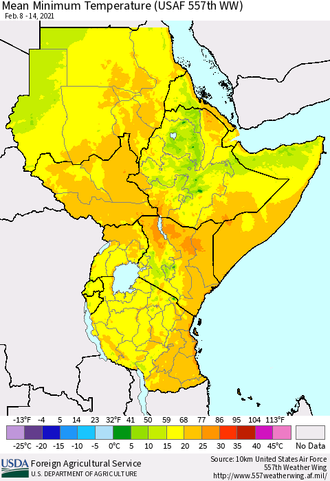 Eastern Africa Minimum Temperature (USAF 557th WW) Thematic Map For 2/8/2021 - 2/14/2021