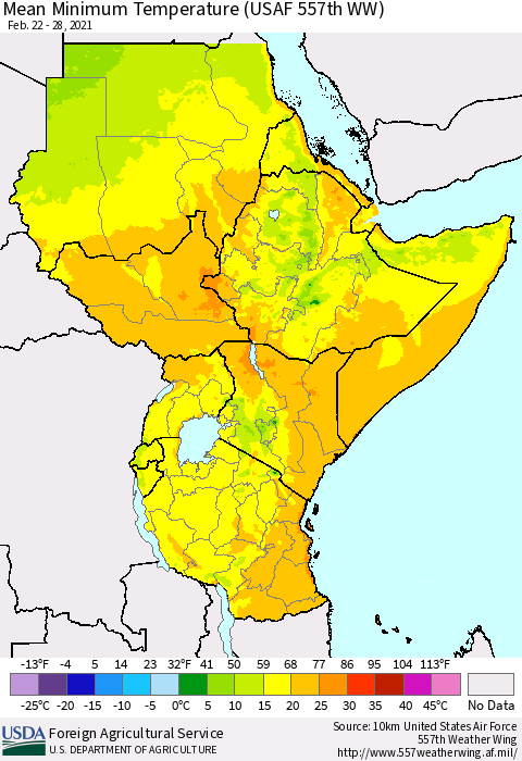 Eastern Africa Minimum Temperature (USAF 557th WW) Thematic Map For 2/22/2021 - 2/28/2021