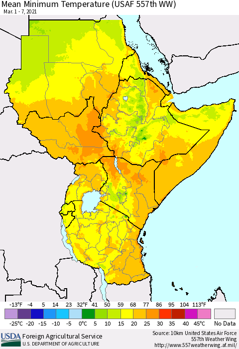 Eastern Africa Minimum Temperature (USAF 557th WW) Thematic Map For 3/1/2021 - 3/7/2021