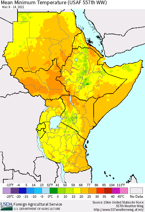 Eastern Africa Minimum Temperature (USAF 557th WW) Thematic Map For 3/8/2021 - 3/14/2021