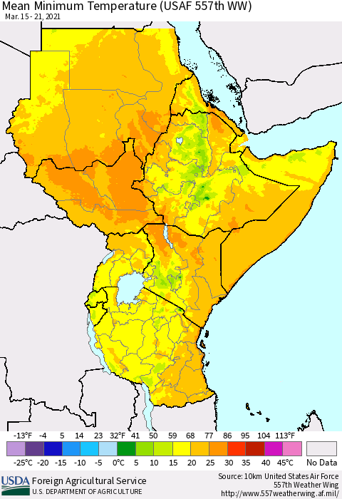 Eastern Africa Minimum Temperature (USAF 557th WW) Thematic Map For 3/15/2021 - 3/21/2021