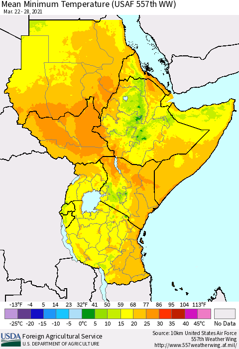 Eastern Africa Mean Minimum Temperature (USAF 557th WW) Thematic Map For 3/22/2021 - 3/28/2021