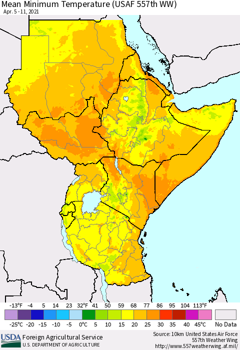 Eastern Africa Minimum Temperature (USAF 557th WW) Thematic Map For 4/5/2021 - 4/11/2021