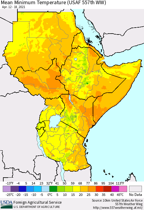 Eastern Africa Minimum Temperature (USAF 557th WW) Thematic Map For 4/12/2021 - 4/18/2021