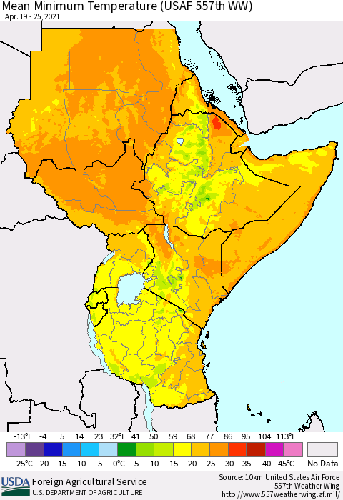 Eastern Africa Minimum Temperature (USAF 557th WW) Thematic Map For 4/19/2021 - 4/25/2021