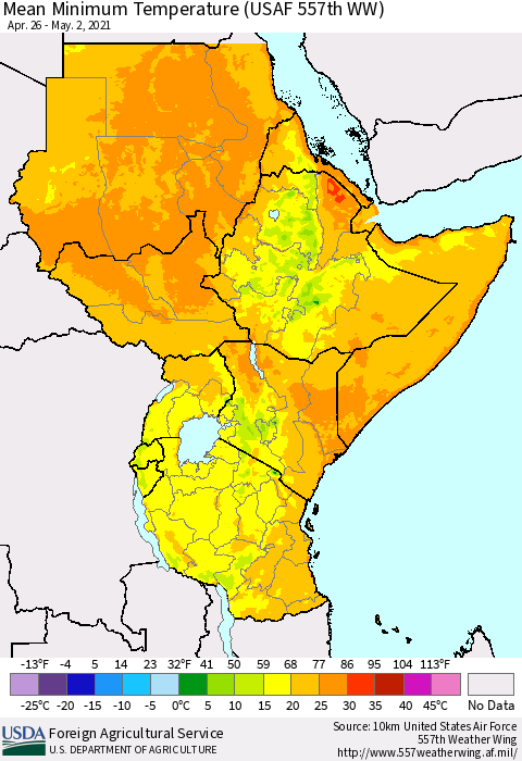 Eastern Africa Minimum Temperature (USAF 557th WW) Thematic Map For 4/26/2021 - 5/2/2021