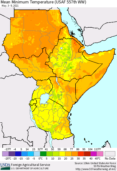 Eastern Africa Mean Minimum Temperature (USAF 557th WW) Thematic Map For 5/3/2021 - 5/9/2021