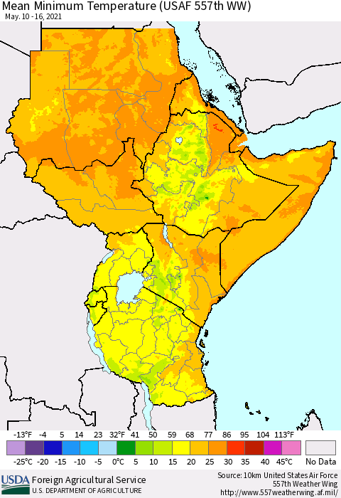 Eastern Africa Mean Minimum Temperature (USAF 557th WW) Thematic Map For 5/10/2021 - 5/16/2021